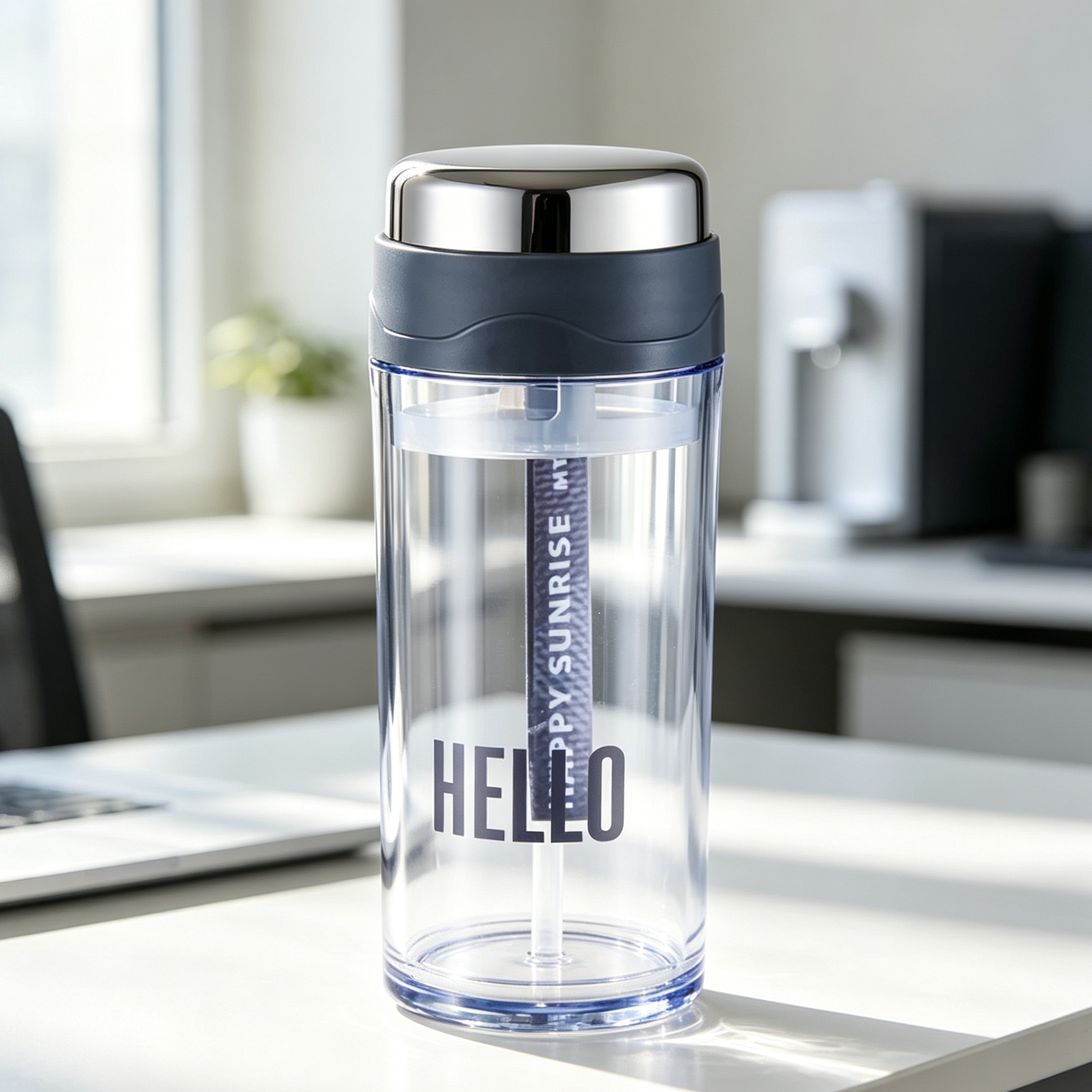 Original clear PP plastic water bottle with straw and printed details, suitable for office hydration daily refilling and reusable drinking routine.