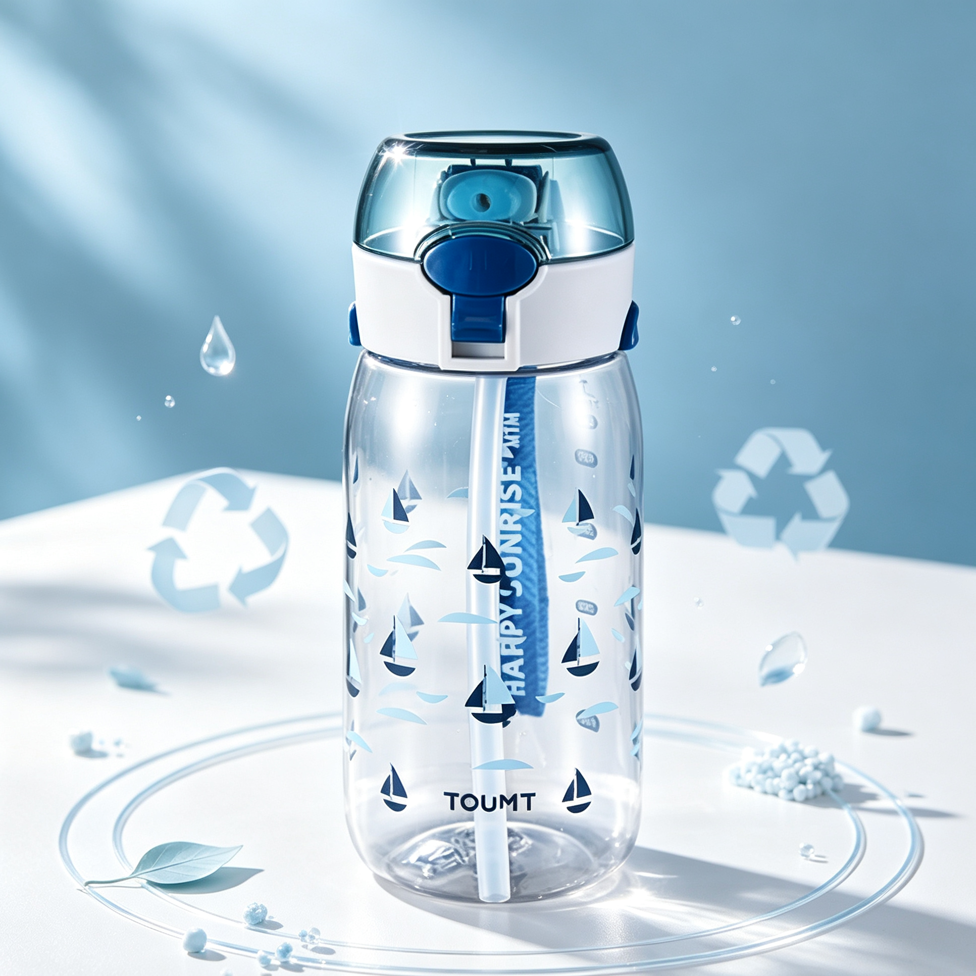 PP plastic straw water bottle with sail pattern in clean sustainable lifestyle setting, showing reusable drinkware for recycling and material lifecycle consideration.