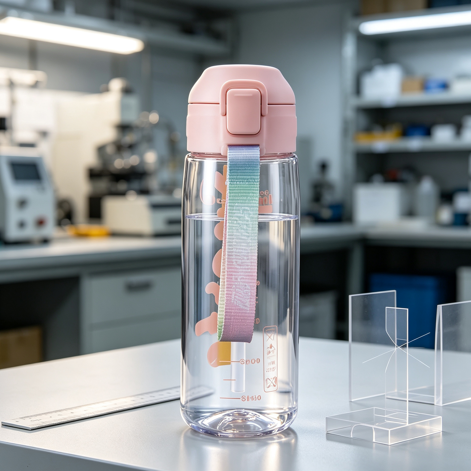 Transparent plastic water bottle on testing table for lightweight structure design evaluation.