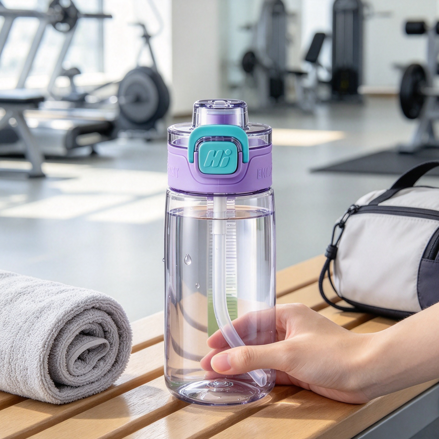 Purple and teal plastic straw water bottle held in hand during a workout break.