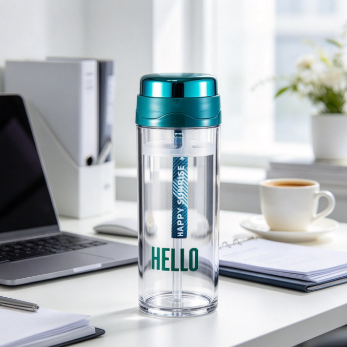Transparent plastic water bottle with green lid and straw on modern office desk.